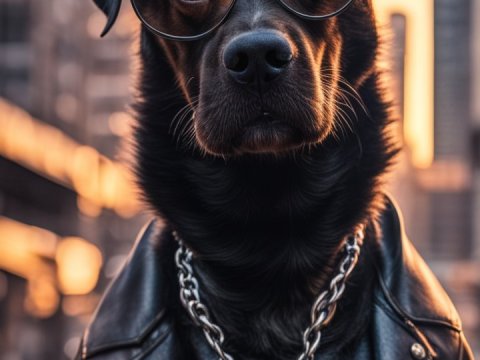Cool Rottweiler in Leather Jacket and Glasses in Urban Sunset