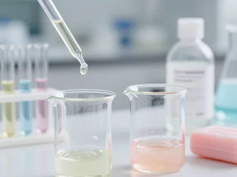 Cosmetic Laboratory Beakers with Liquid Samples and Dropper