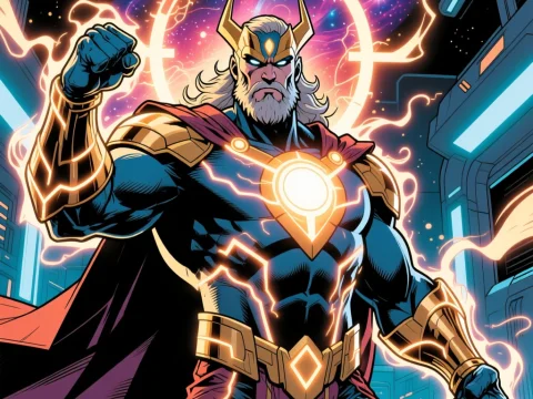 Cosmic Comic God with Glowing Armor and Energy Aura