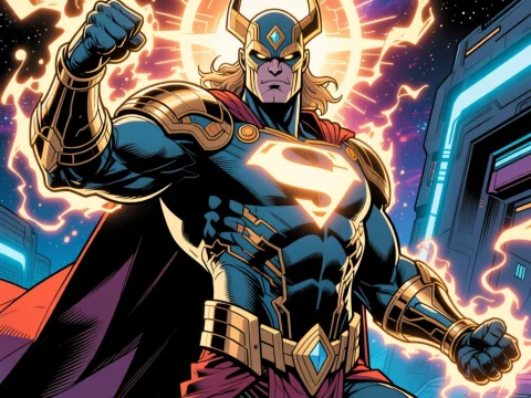 Cosmic Deity Superhero in Glowing Armor