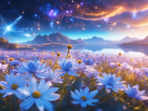 Cosmic Field of Blue Flowers at Sunset