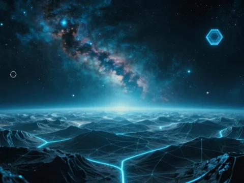 Cosmic Geological Horizon with Neon Grid Landscape