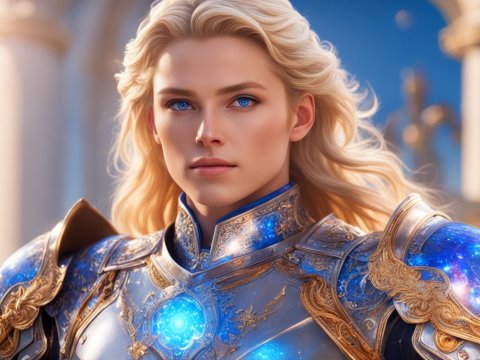 Cosmic Knight in Ornate Blue and Gold Armor