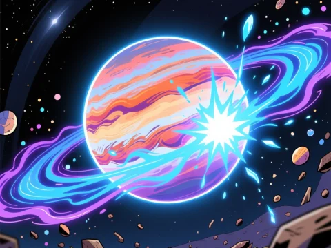Cosmic Planet with Energetic Blue and Purple Rings