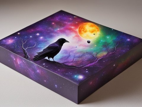Cosmic Raven on a Mystical Branch Under a Vibrant Moon