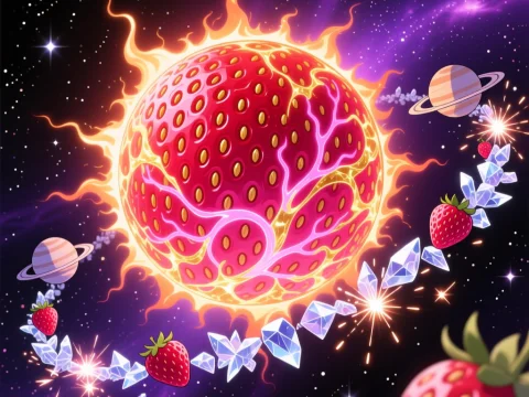Cosmic Strawberry Sun with Orbiting Crystals and Planets