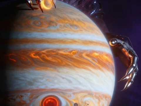 Cosmic Titan Shaping Jupiter with Fiery Hands