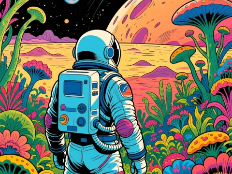 Cosmonaut Exploring Vibrant Alien Flora on a Distant Planet