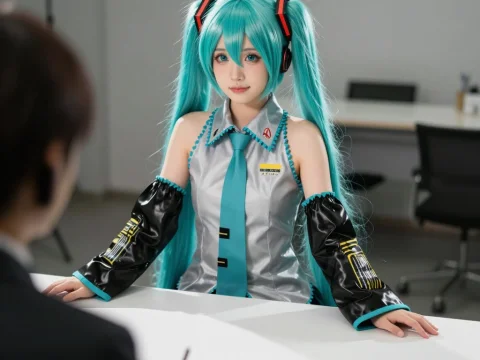 Cosplay of Hatsune Miku in Modern Office Setting