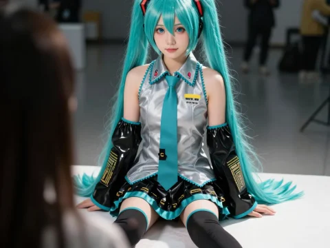 Cosplayer in Hatsune Miku Outfit Sitting on Table