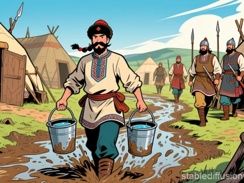 Cossack Servant Carrying Water in Traditional Village
