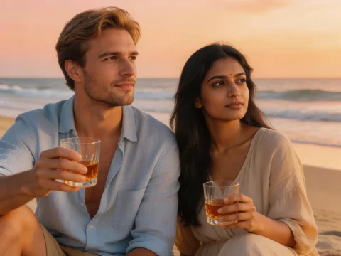 Couple Enjoying Drinks at Sunset on the Beach