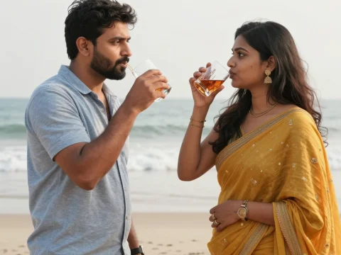 Couple Enjoying Drinks Together on the Beach