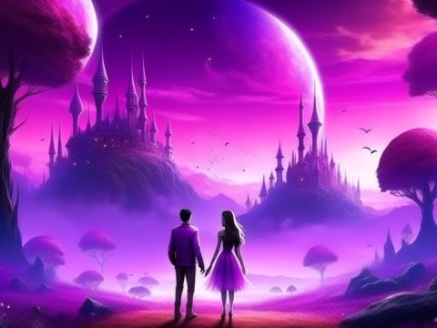 Couple Gazing at Enchanted Purple Fantasy Castles