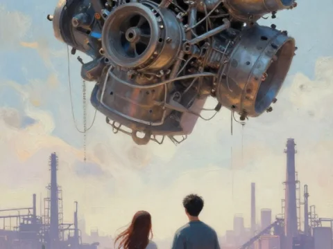 Couple Holding Hands Under a Floating Mechanical Structure