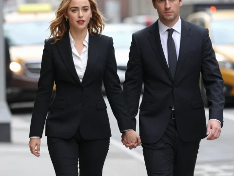 Couple in Black Suits Walking Hand in Hand in Urban Setting
