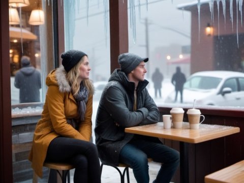 Couple Sitting in Cozy Cafe on a Snowy Winter Day