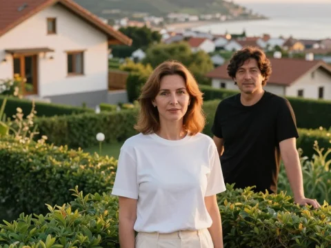 Couple Standing in Garden with Scenic Mountain View