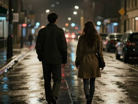 Couple Walking Apart on a Rainy City Street at Night