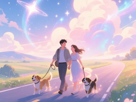 Couple Walking Dogs Under a Magical Starry Sky