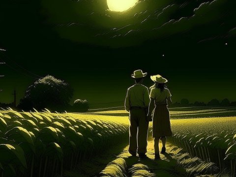 Couple Walking Under the Moonlight in a Field