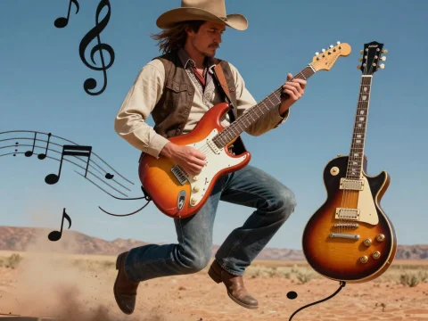 Cowboy Playing Electric Guitar in Desert with Musical Notes