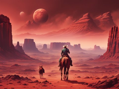 Cowboy Riding Through a Red Rocky Alien Landscape