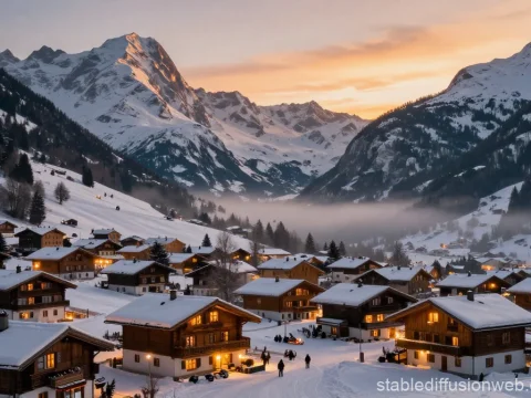Cozy Alpine Village at Sunset with Snow-Covered Mountains