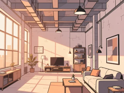 Cozy Anime Loft Living Room with Warm Sunlight