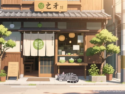 Cozy Anime Matcha Cafe with Sleeping Cat