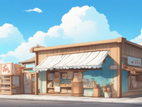 Cozy Anime-Style Traditional Shop Under Blue Sky