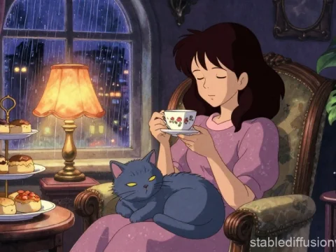Cozy Anime Tea Time with Cat on Lap