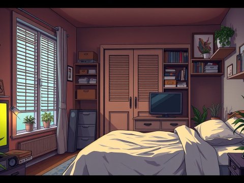 Cozy Apartment Bedroom with Plants and Warm Lighting