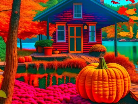 Cozy Autumn Cabin by the Lake with Pumpkins