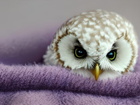 Cozy Baby Owl Resting on Purple Blanket