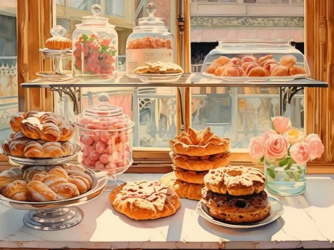 Cozy Bakery Display with Pastries and Sweets by the Window
