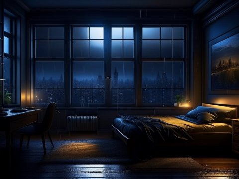 Cozy Bedroom Interior at Night with Cityscape View