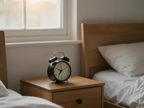 Cozy Bedroom Morning with Classic Alarm Clock