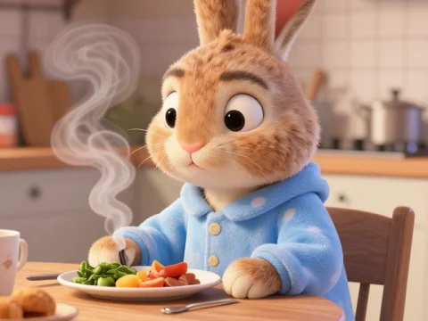 Cozy Bunny Enjoying a Warm Lunch in Kitchen