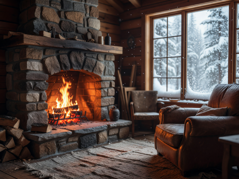 Cozy Cabin Fireside on a Snowy Winter Day