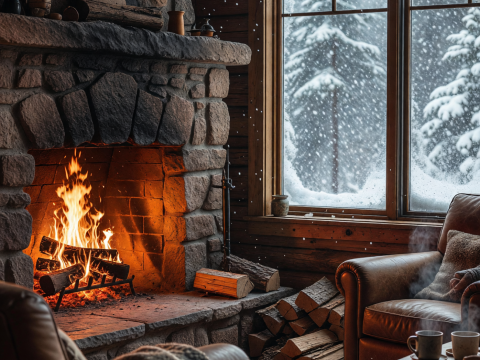Cozy Cabin Fireside on a Snowy Winter Day