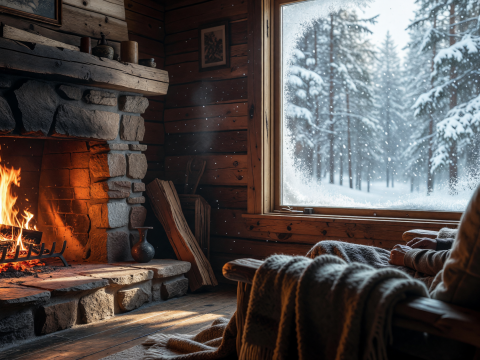 Cozy Cabin Fireside on a Snowy Winter Day