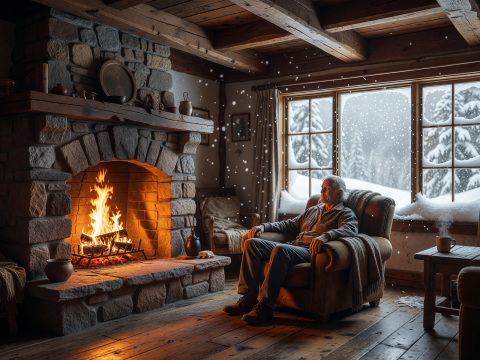 Cozy Cabin Fireside on a Snowy Winter Day