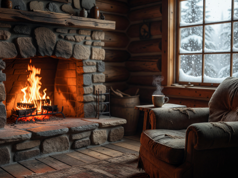 Cozy Cabin Fireside with Snowfall Outside