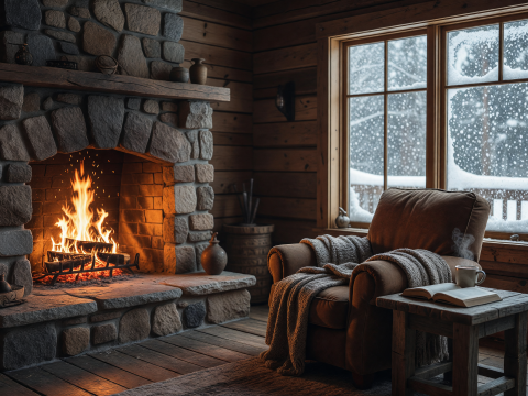 Cozy Cabin Fireside with Snowfall Outside Window