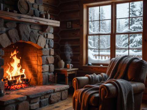 Cozy Cabin Fireside with Snowfall Outside Window