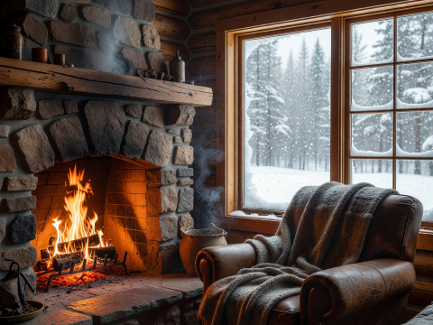 Cozy Cabin Fireside with Snowy Window View
