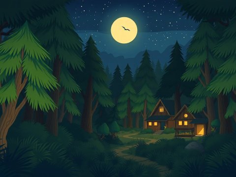 Cozy Cabin in a Dense Forest Under a Full Moon