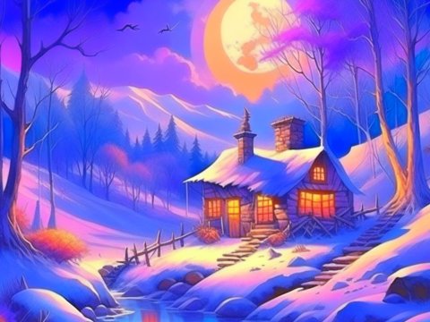 Cozy Cabin in a Magical Winter Night