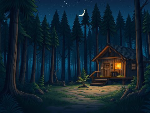 Cozy Cabin in a Moonlit Forest Night